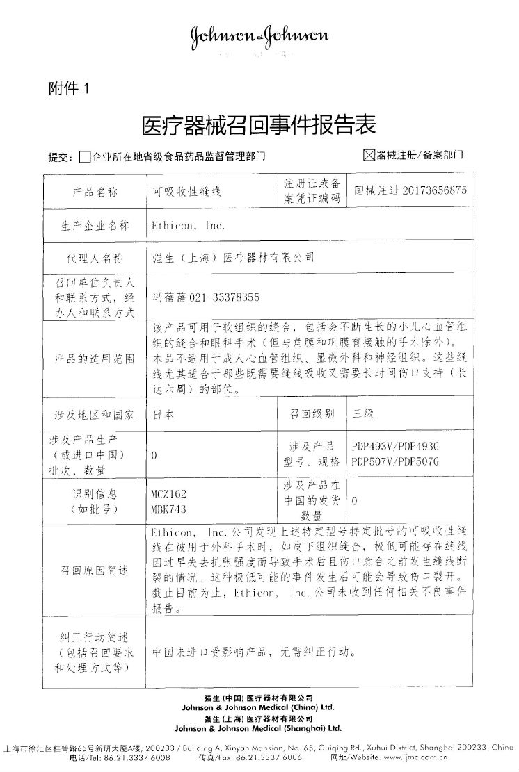 Ethicon Inc 对可吸收性缝线主动召回 Ethicon Inc 对可吸收性缝线主动召回